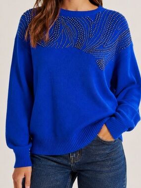 Vintage Carini Cobalt Blue Studded Sweater M/L Beaded Rhinestone Retro Knit Top